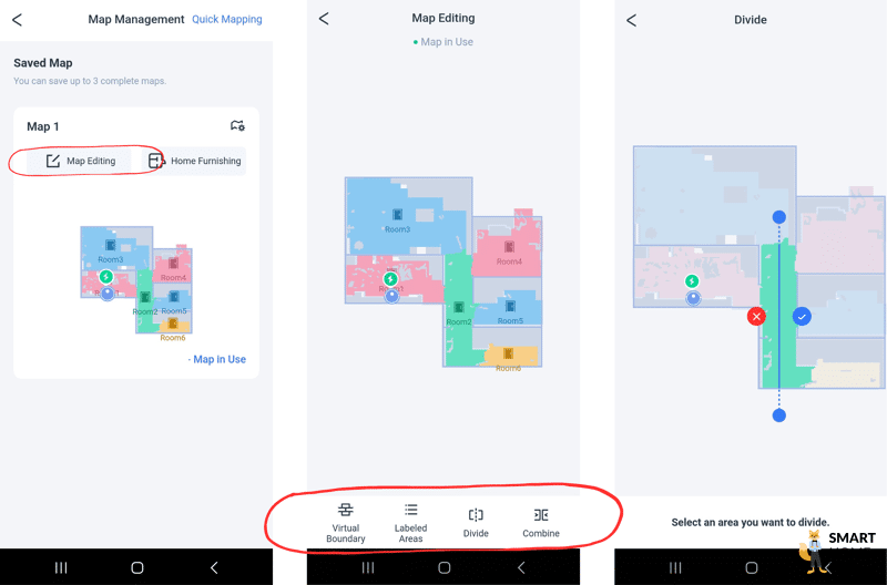 Die Wohnungskarte wird in der ECOVACS DEEBOT T20 OMNI Handy-App bearbeitet.
